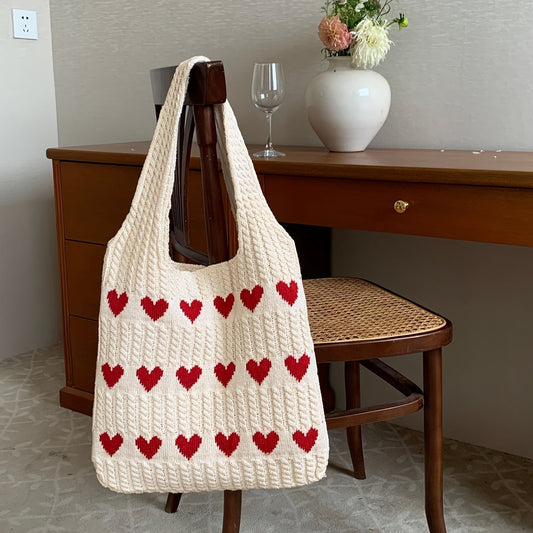 Nina | Ręcznie robiona dzianinowa torba shopper z motywem serca