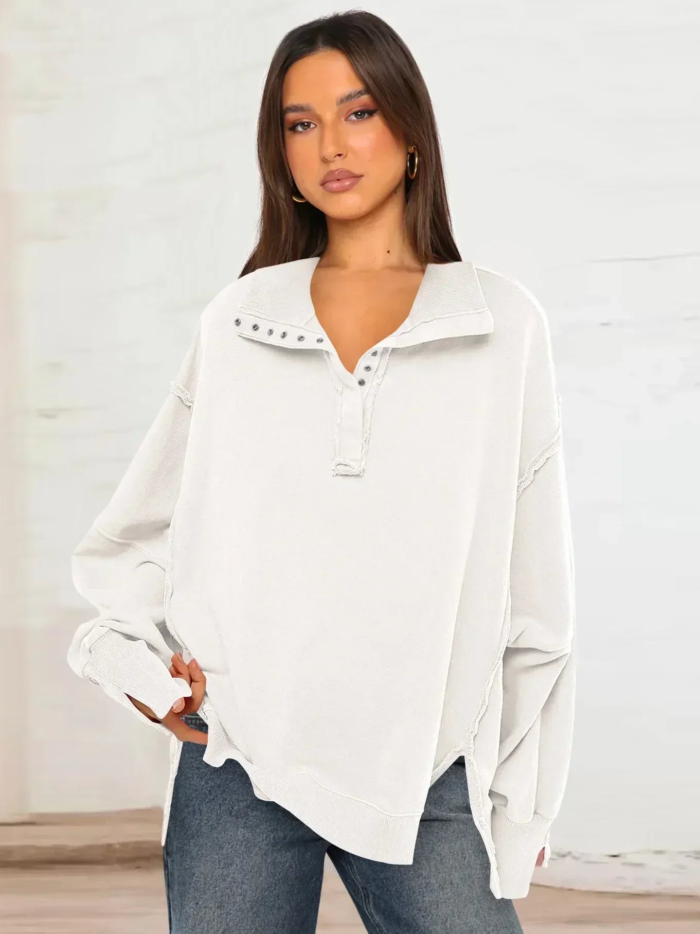 Bluza Shanna Décontracté À Col À Revers Avec Boutons Et Manches Lanternes
