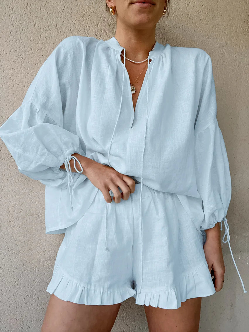 Casual Lantern Sleeve Top Krótkie spodnie Dwuczęściowy zestaw z bawełny i lnu