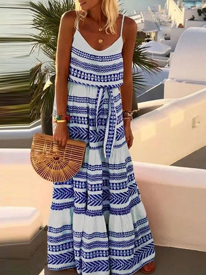 Bohemian beach dress with V-shaped print and neckline