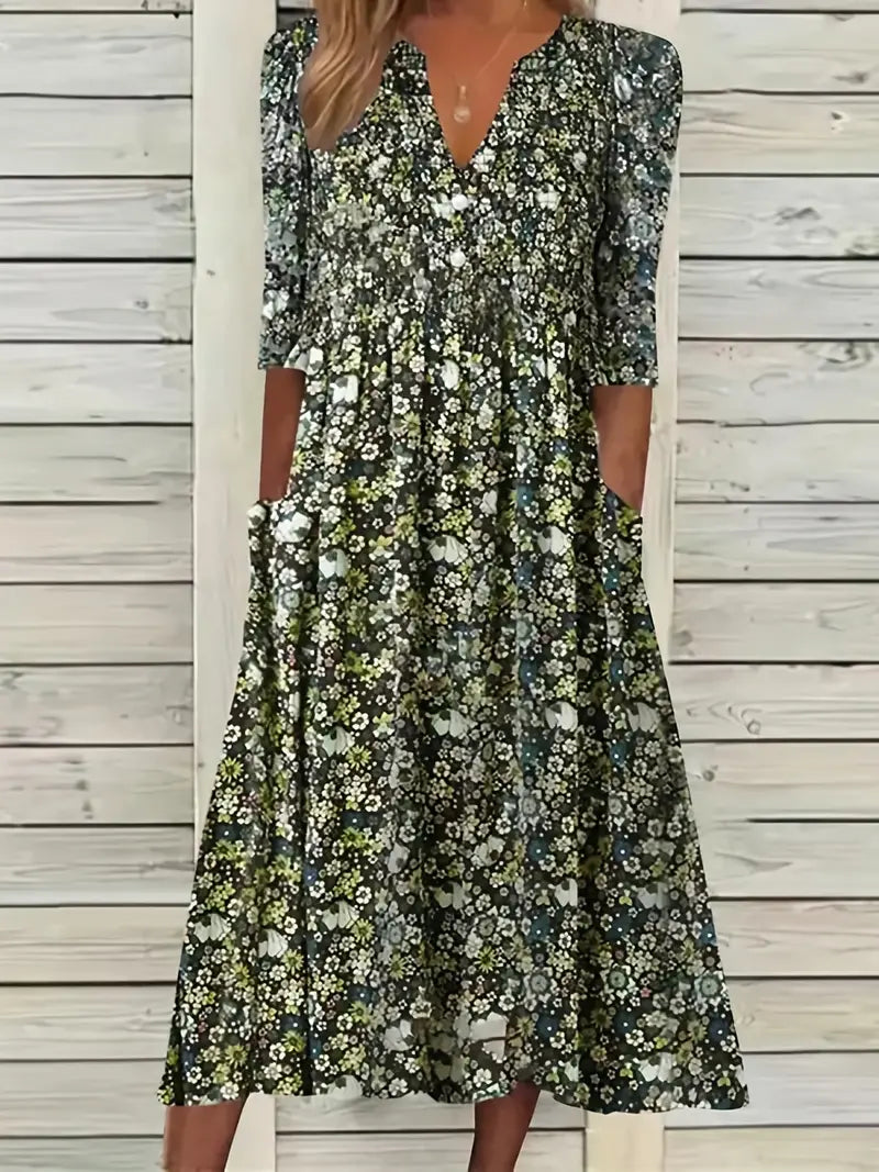 Blossom Ditsy Floral Print Dress z dekoltem w szpic i kieszeniami