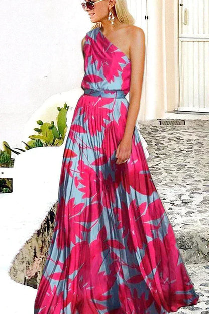 Donna - Sukienka maxi na jedno ramię z nadrukiem