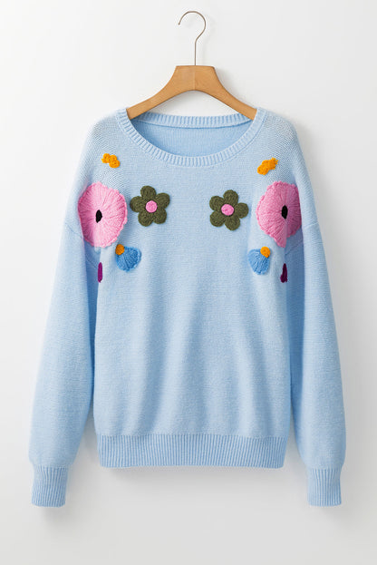 Anne - Dzianinowy sweter w kwiaty ze ściągaczem
