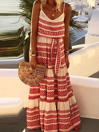 Bohemian beach dress with V-shaped print and neckline