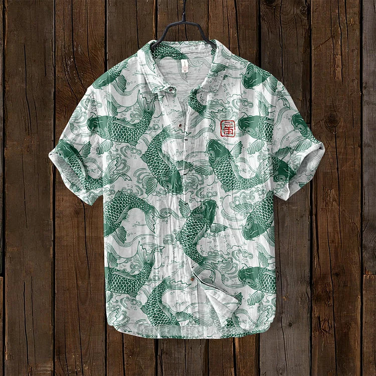 Ludo | Lniana koszula w stylu vintage z motywem ryby