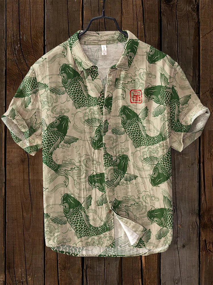 Ludo | Lniana koszula w stylu vintage z motywem ryby