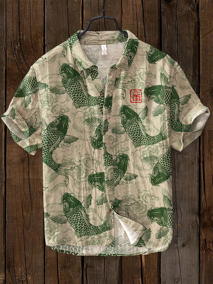 Ludo | Lniana koszula w stylu vintage z motywem ryby