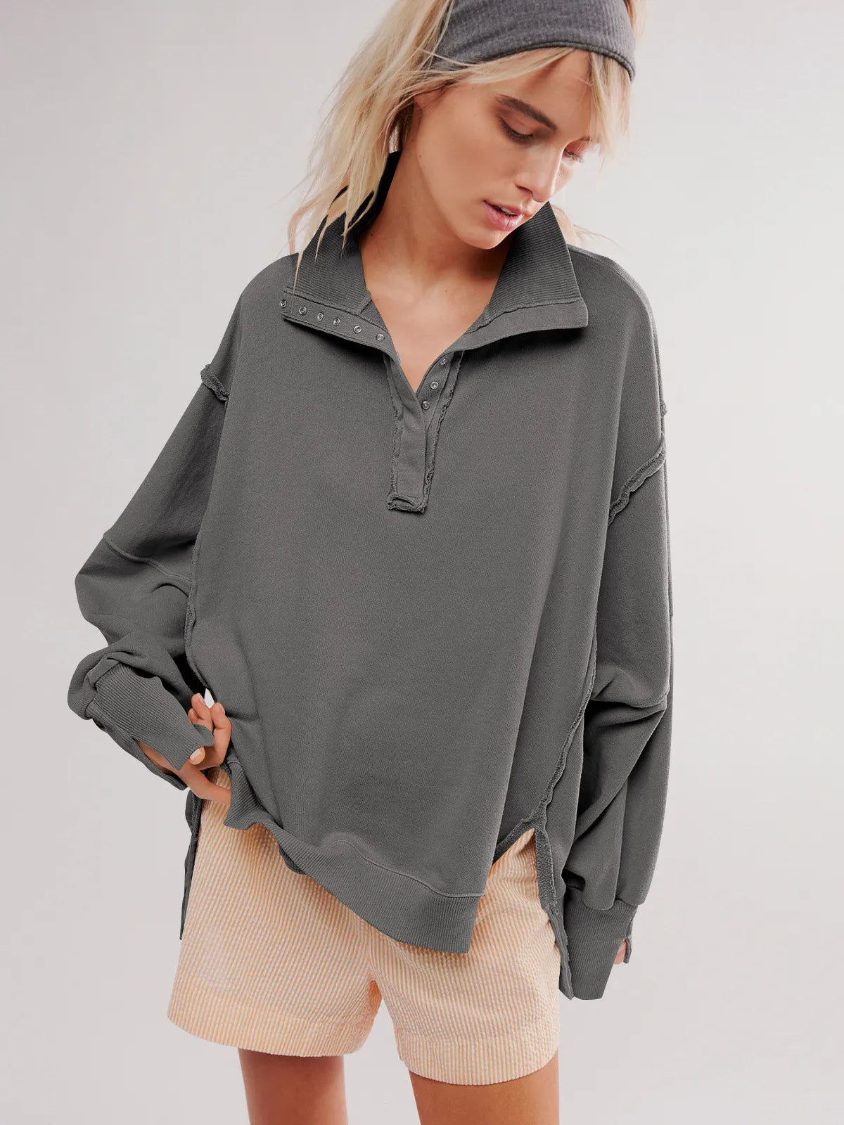Bluza Shanna Décontracté À Col À Revers Avec Boutons Et Manches Lanternes