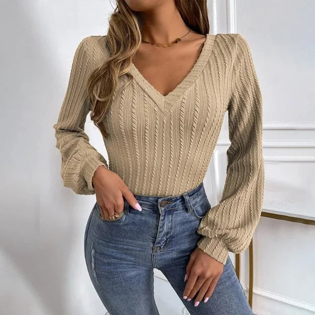 Aimee - Damski długi sweter z dzianiny w kolorze khaki
