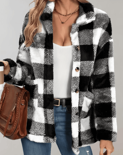 Bluza damska z polaru Teddy w kratkę z pełnym rękawem
