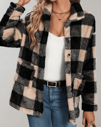Bluza damska z polaru Teddy w kratkę z pełnym rękawem