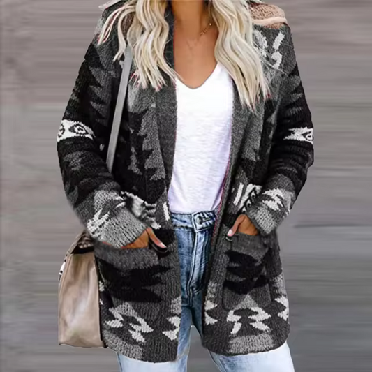 Beata - Wygodny sweter kardigan z nadrukiem