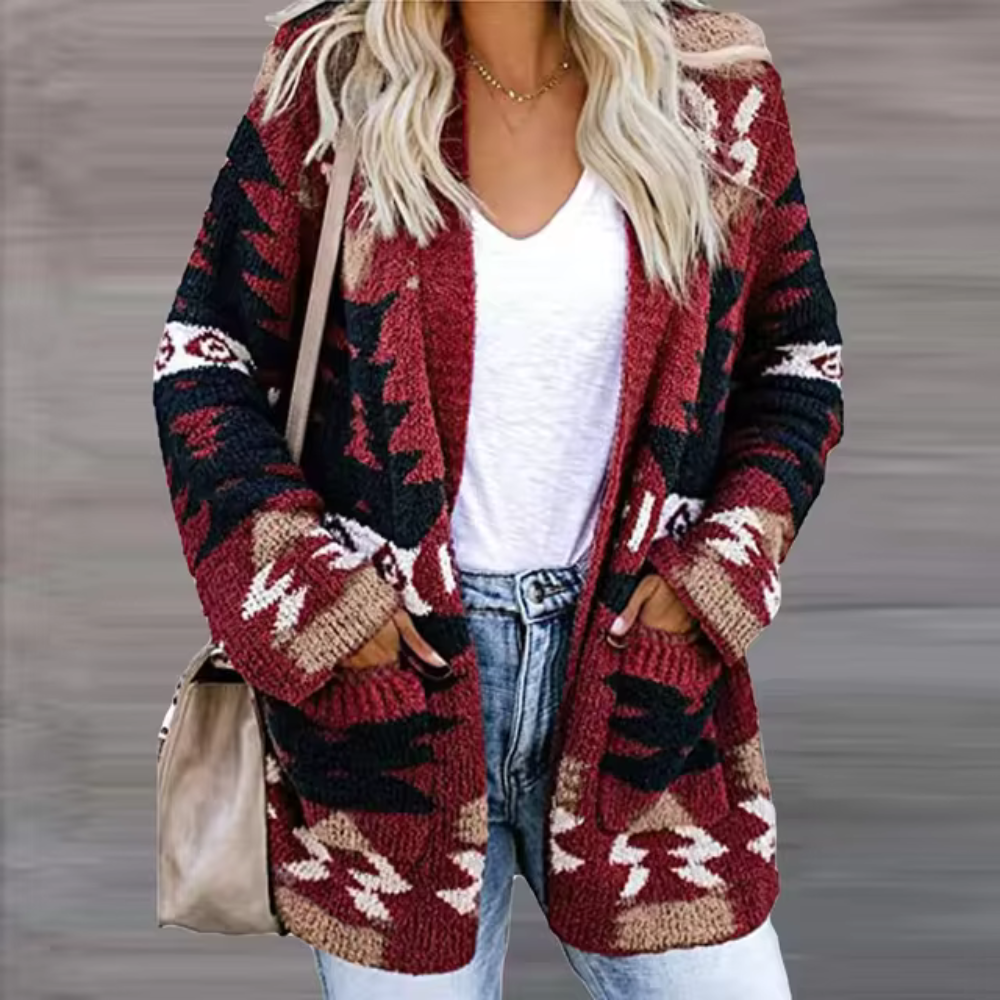 Beata - Wygodny sweter kardigan z nadrukiem