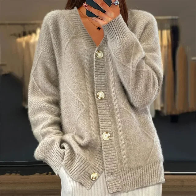 Unita Cardigan | Gruby kardigan damski z dekoltem w szpic