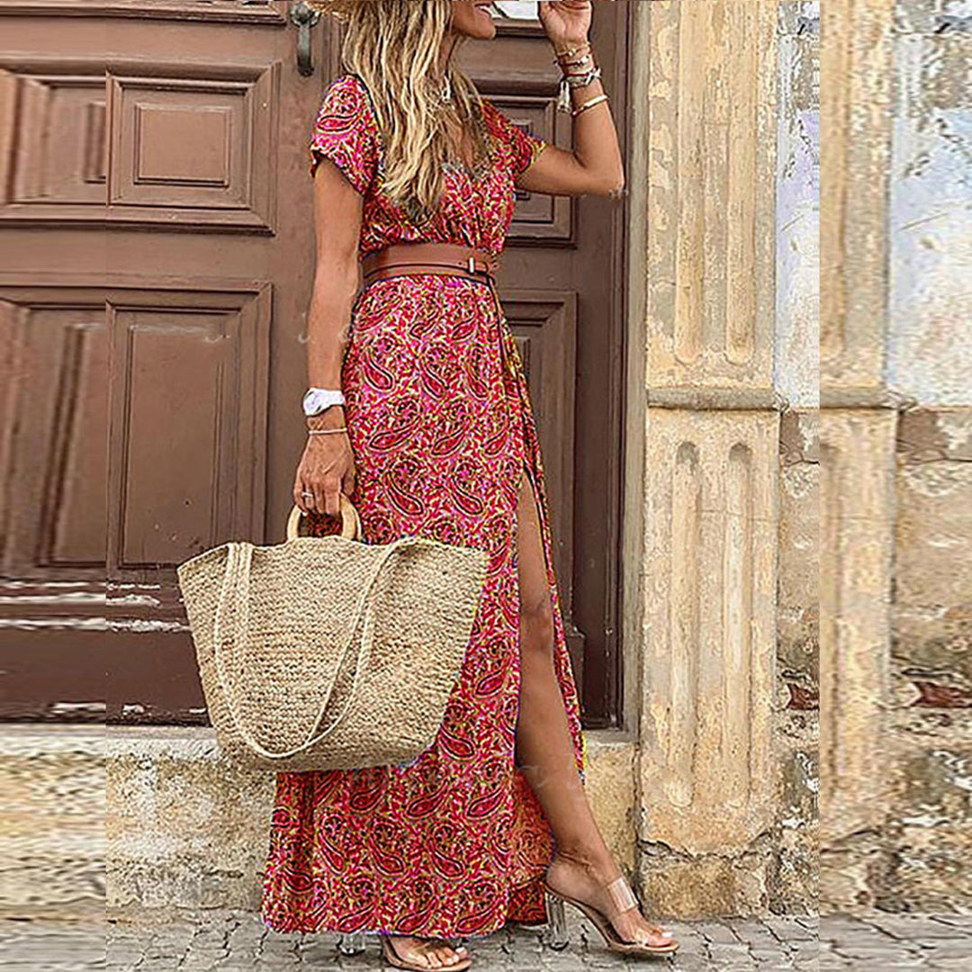 Elegancka sukienka boho maxi z dekoltem w szpic