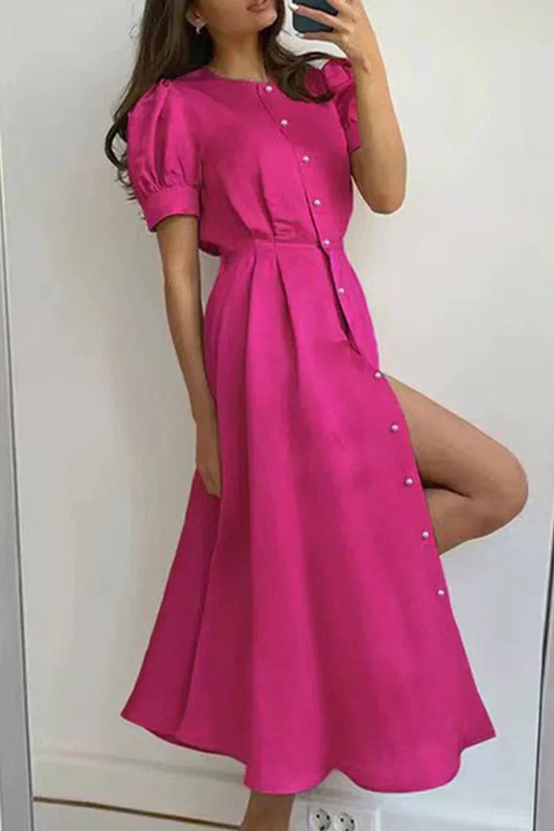 Eudora - Elegancka sukienka O-neck a Line z krótkimi rękawami i zapięciem na klamrę