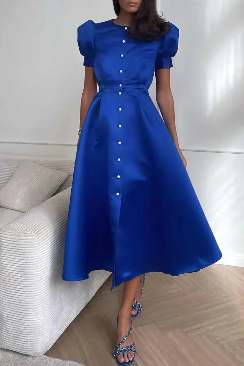 Eudora - Elegancka sukienka O-neck a Line z krótkimi rękawami i zapięciem na klamrę