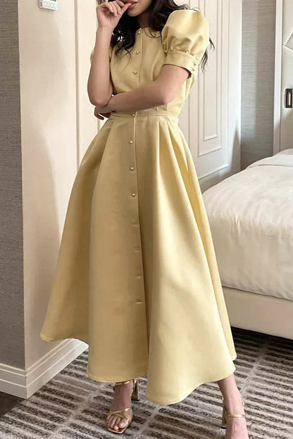 Eudora - Elegancka sukienka O-neck a Line z krótkimi rękawami i zapięciem na klamrę