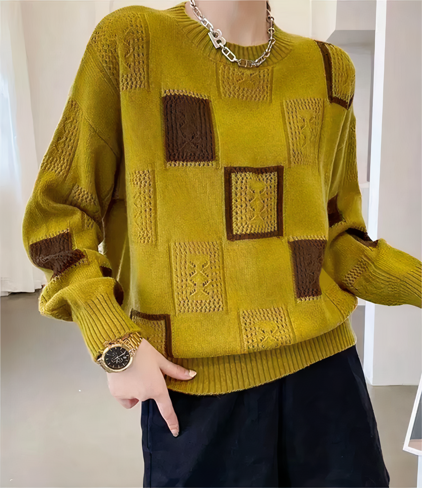 Geometryczny sweter patchworkowy - Lina