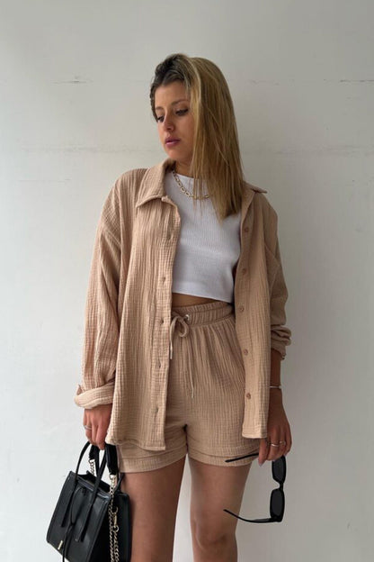 Keren - Slim fit damska koszulka z długim rękawem i pasujące szorty