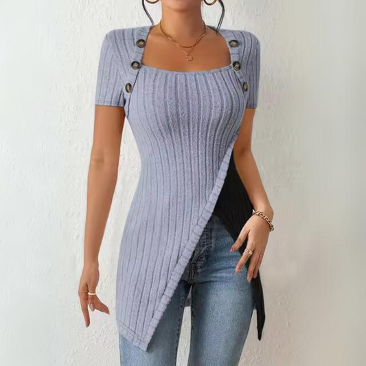 Natalia - Casualowy prążkowany top z krótkim rękawem