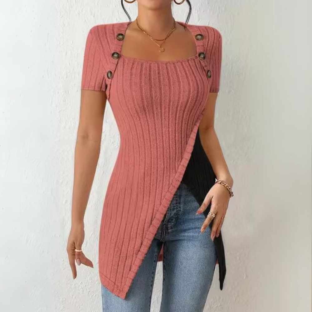 Natalia - Casualowy prążkowany top z krótkim rękawem