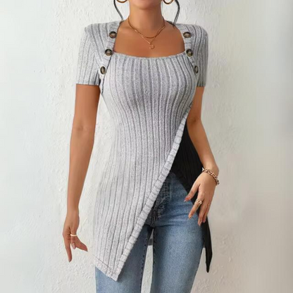 Natalia - Casualowy prążkowany top z krótkim rękawem
