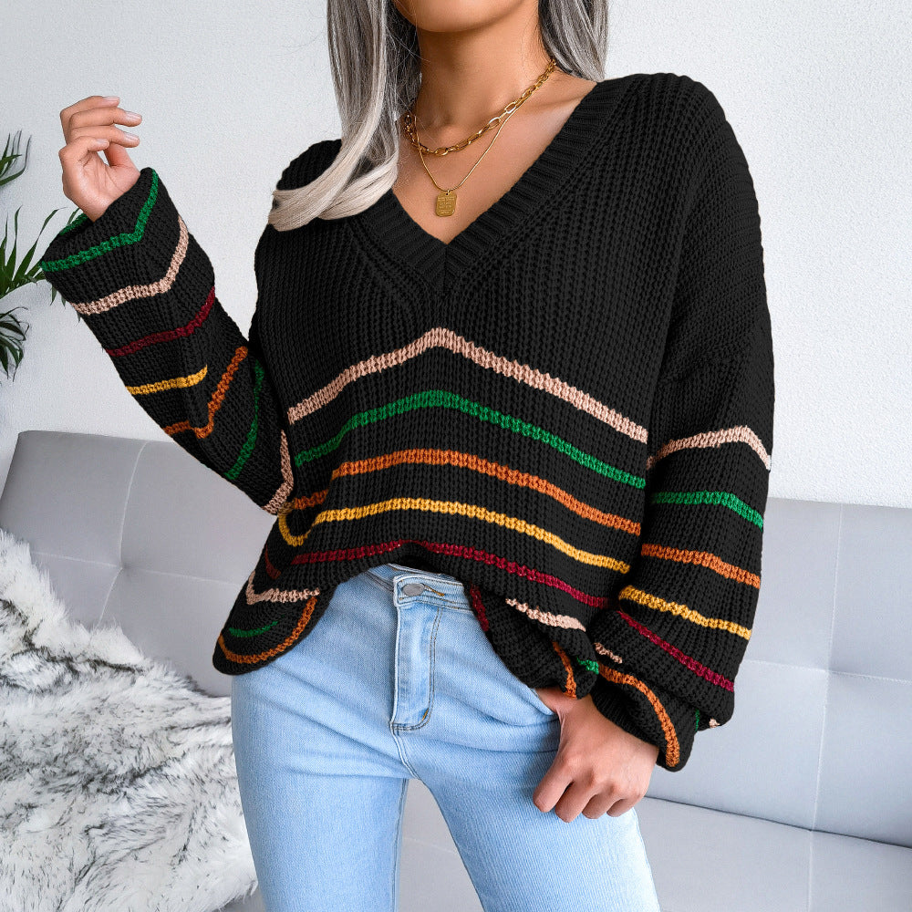 Bella - Sweter damski z dzianiny w białe paski w stylu retro