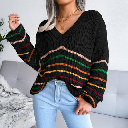 Bella - Sweter damski z dzianiny w białe paski w stylu retro