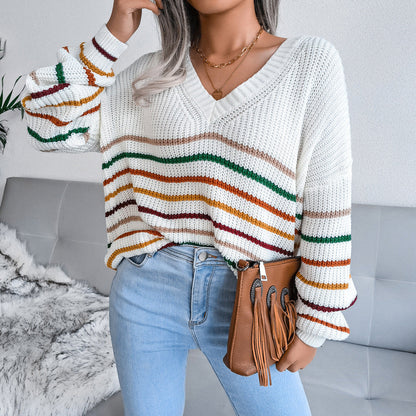 Bella - Sweter damski z dzianiny w białe paski w stylu retro
