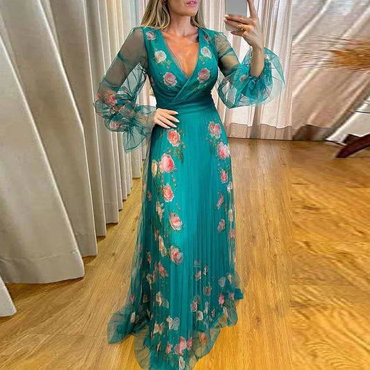 Leanne - Damska sukienka w stylu boho z dekoltem w szpic i plisowaną talią