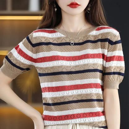 Sweter Eden | Sweter w paski z krótkim rękawem