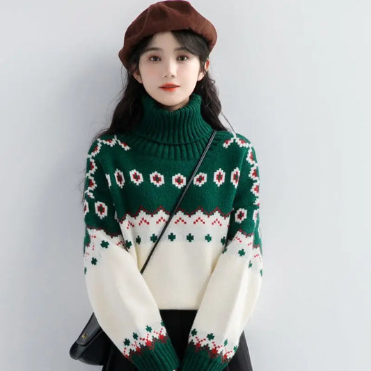 Ursula - Ciepły sweter z golfem i patchworkiem w stylu vintage dla kobiet