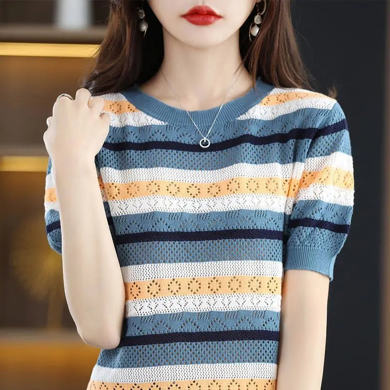 Sweter Eden | Sweter w paski z krótkim rękawem
