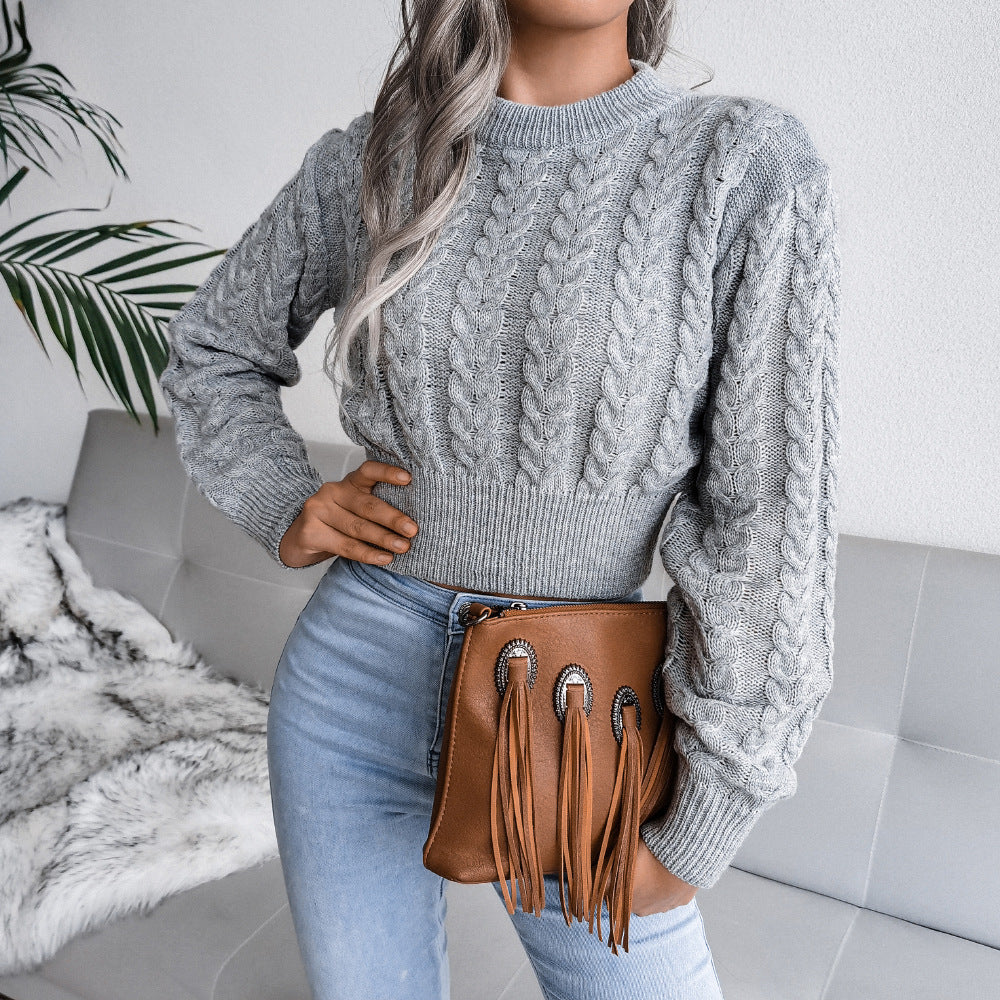 Maggie - Krótki sweter damski z szarym wzorem
