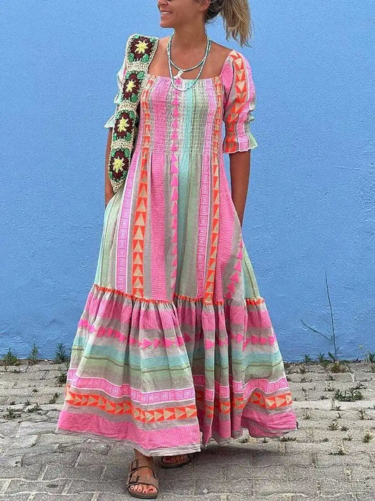 Genevieve - Patchworkowa sukienka maxi w paski, z nadrukiem i plisami
