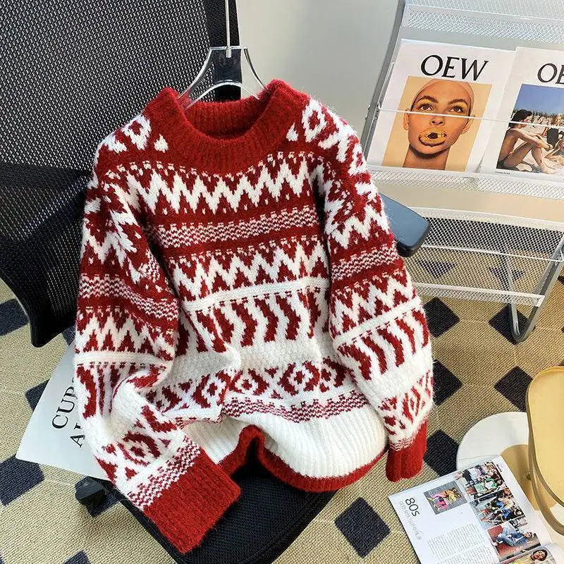 Bettina - Sweter z grubej dzianiny z okrągłym dekoltem i patchworkiem w stylu vintage dla kobiet