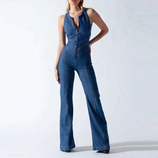 Céleste - Dżinsowy kombinezon bodycon z odkrytymi plecami