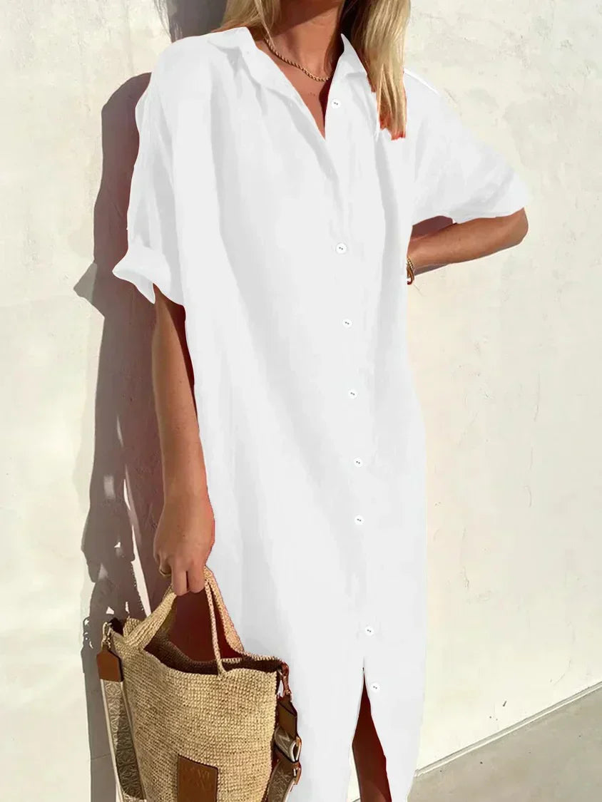 Tori - Elegancka casualowa sukienka damska z pełnym rękawem i guzikami Sukienka z bawełny i lnu