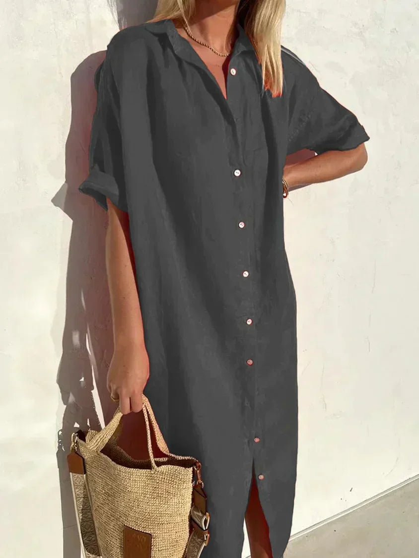Tori - Elegancka casualowa sukienka damska z pełnym rękawem i guzikami Sukienka z bawełny i lnu