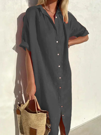Tori - Elegancka casualowa sukienka damska z pełnym rękawem i guzikami Sukienka z bawełny i lnu