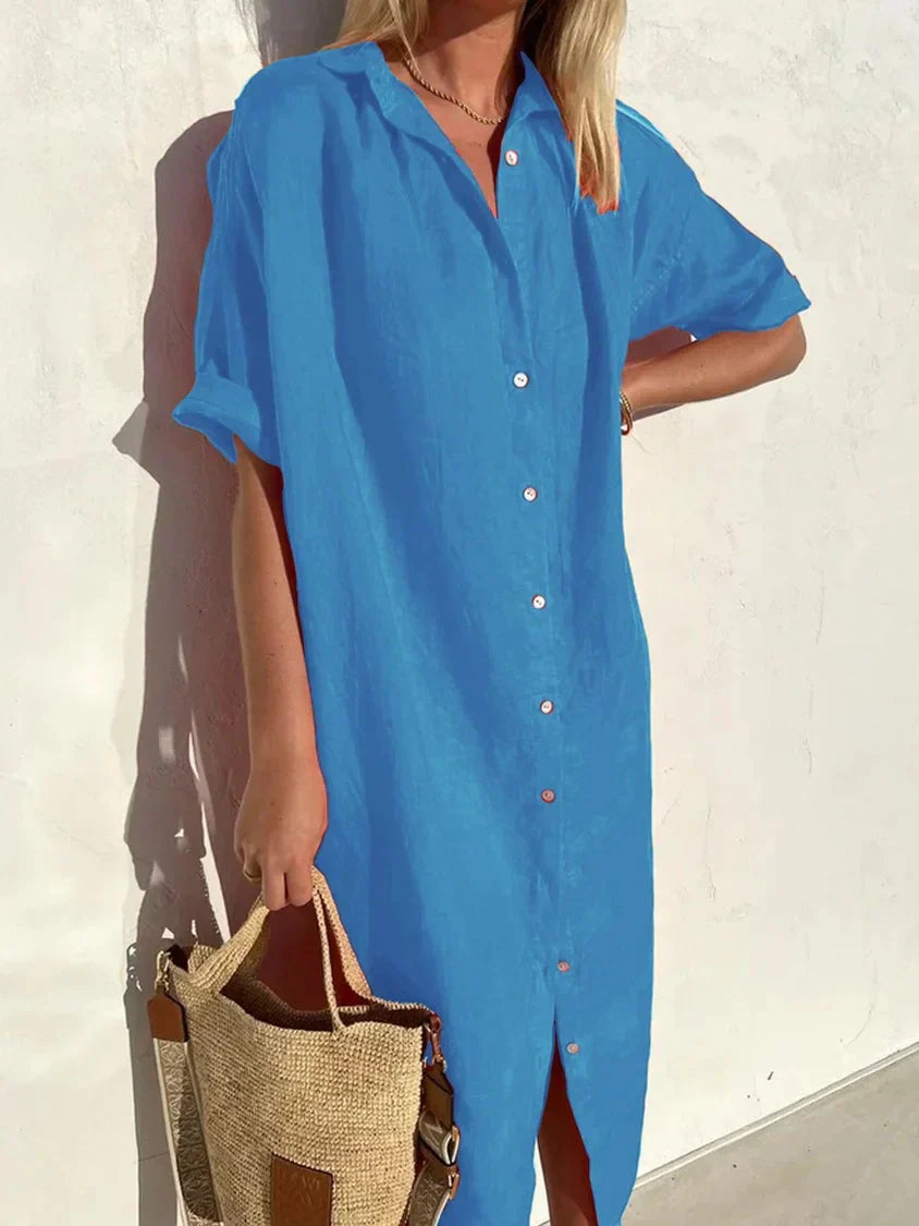 Tori - Elegancka casualowa sukienka damska z pełnym rękawem i guzikami Sukienka z bawełny i lnu
