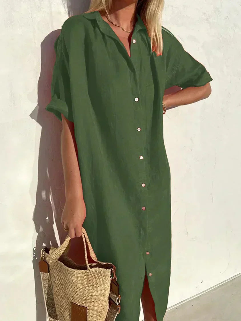 Tori - Elegancka casualowa sukienka damska z pełnym rękawem i guzikami Sukienka z bawełny i lnu