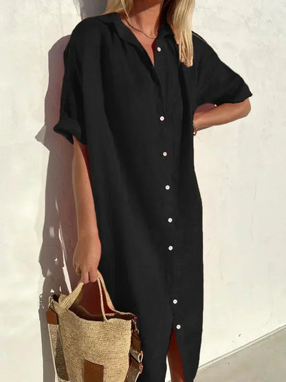 Tori - Elegancka casualowa sukienka damska z pełnym rękawem i guzikami Sukienka z bawełny i lnu