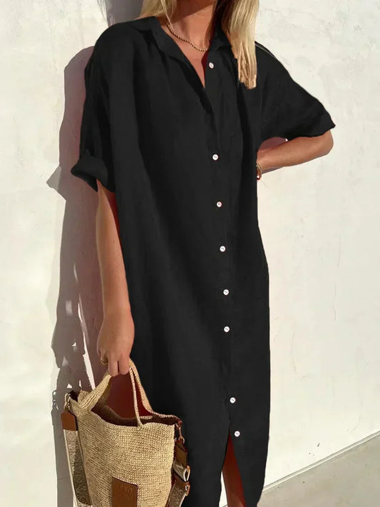 Tori - Elegancka casualowa sukienka damska z pełnym rękawem i guzikami Sukienka z bawełny i lnu