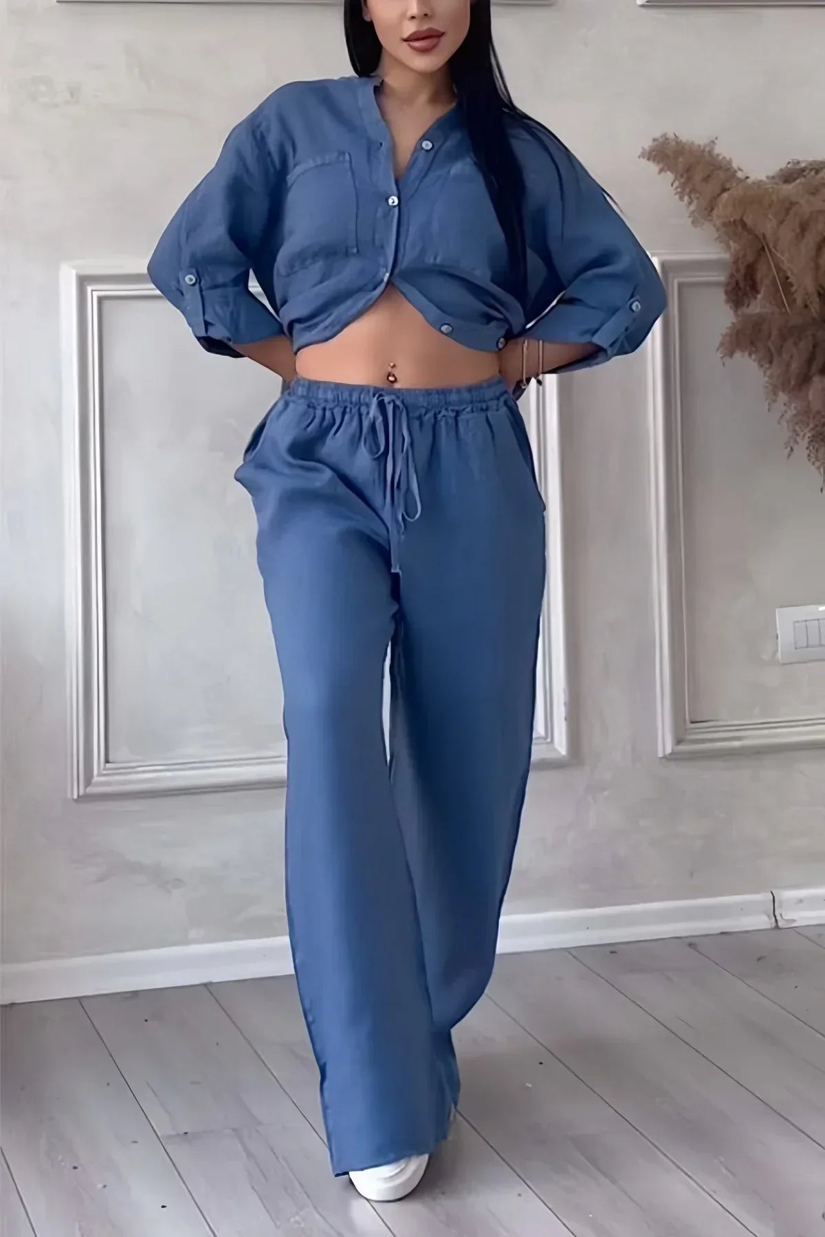 Abi - Damski lniany top i spodnie w jesiennym stylu