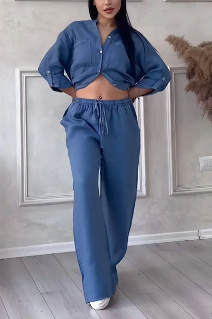 Abi - Damski lniany top i spodnie w jesiennym stylu