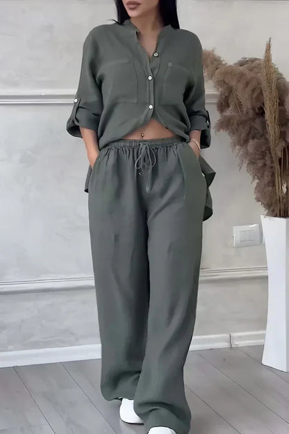 Abi - Damski lniany top i spodnie w jesiennym stylu
