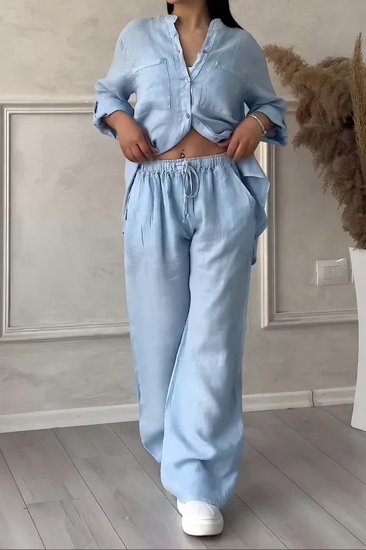 Abi - Damski lniany top i spodnie w jesiennym stylu