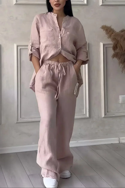 Abi - Damski lniany top i spodnie w jesiennym stylu